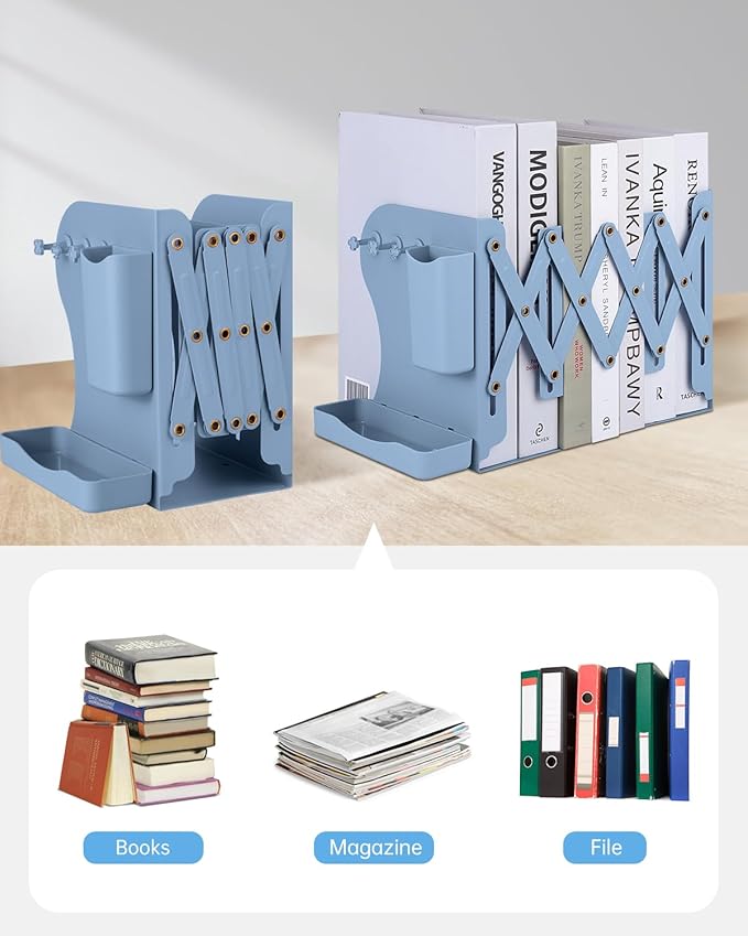 Honagu Adjustable Bookends, Metal Book Ends for Shelves Heavy Book, Desk Magazine File Organizer for Home, Office, Books, Papers with Removable Hook, Pen Holder（Dark Blue）