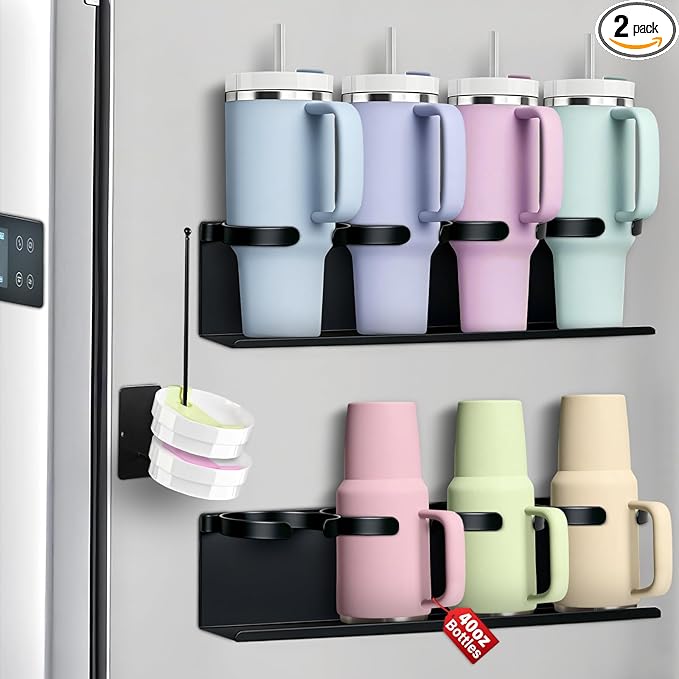 2Pcs Magnetic Water Bottle Organizer for Stanley 30 40 oz Tumbler and Lid Magnetic Cup Holder Heavy Duty Tumbler Storage Organizer Drink Accessories Kitchen Cup Storage Rack for Fridge Cabinets Gifts-NeatNest