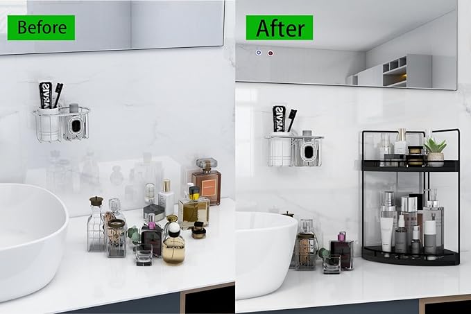 Dorhors 2-Tier Bathroom Counter Organizer,Vanity Counter Corner Shelf, Skincare, Wood Countertop Bathroom Storage and Organization for Kitchen (Black)-NeatNest