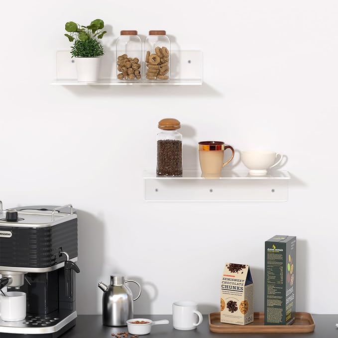 12" Clear Acrylic Floating Shelves, 2 Pack Wall Shelf with Cable Clips, Small Floating Shelf for Expand Wall Display Space for Living Room, Bathroom, Gaming Room, Dorm Wall Decor-NeatNest