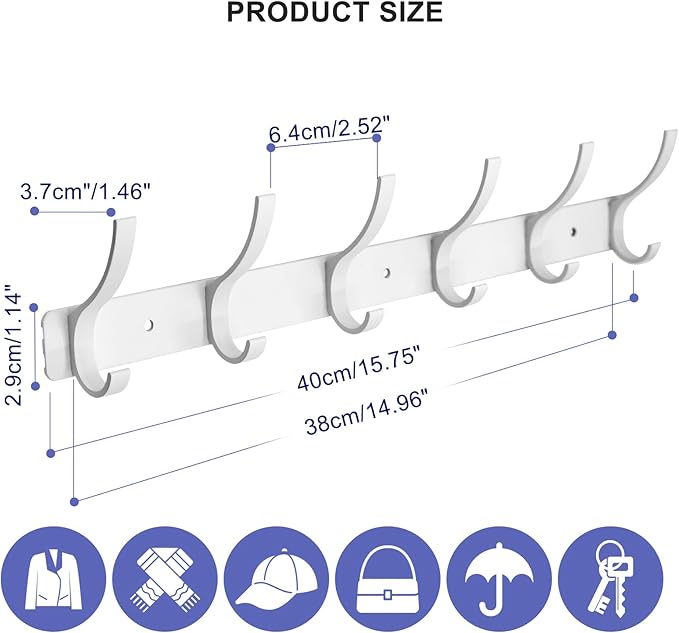 Coat Rack Wall Mounted,6 Coat Hooks for Hanging Coats,Heavy Duty Metal Double Hook Rack Hook Rail,Coat Rack with Hooks,Wall Mount Coat Hanger for Hat Towel Purse Robes (2 Pack White, 6 Hooks)-NeatNest