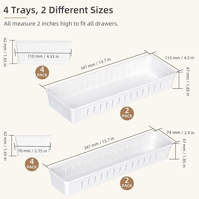 Desk Drawer Organizer Tray 4 PCS Plastic Office Drawer Organizer Bins Junk Organizer Divider with Non-Slip Silicone Pads, Makeup Vanity Organizer for Drawer, White-NeatNest