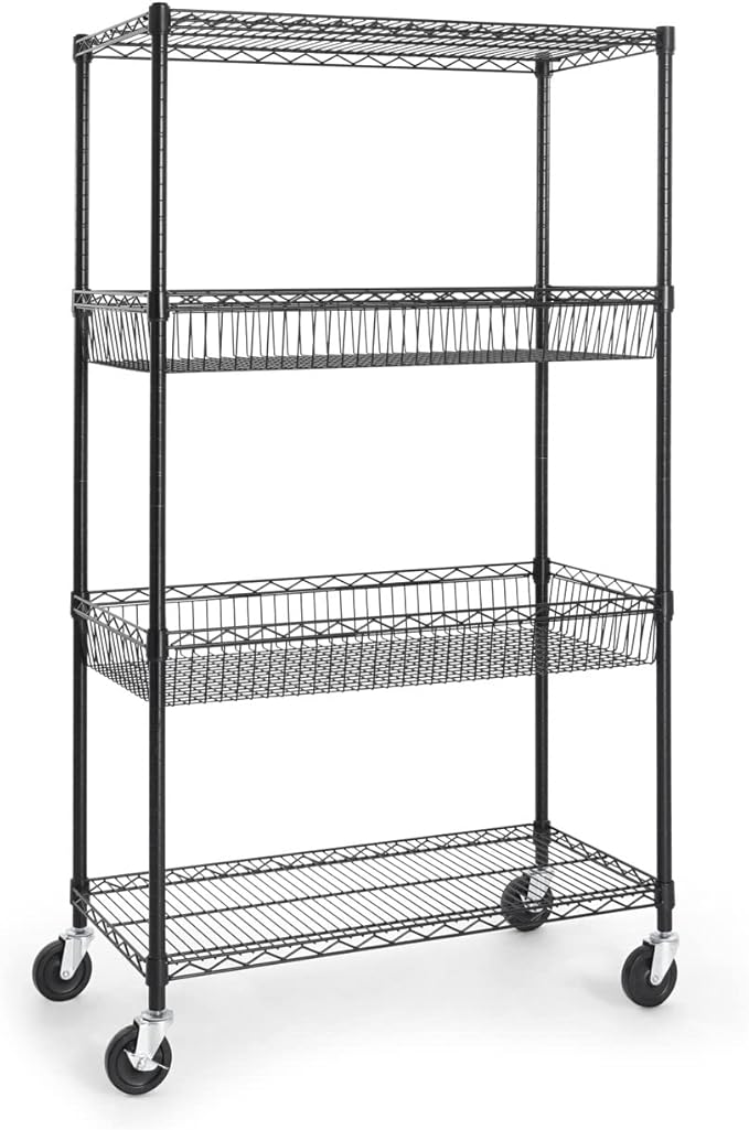 CAPHAUS NSF Commercial Heavy Duty 4 Tier Wire Shelving w/Two Rectangle Baskets, Wheels, Leveling Feet, Storage Metal Shelf, Basement Garage Shelving, Utility Wire Rack Storage Black-NeatNest