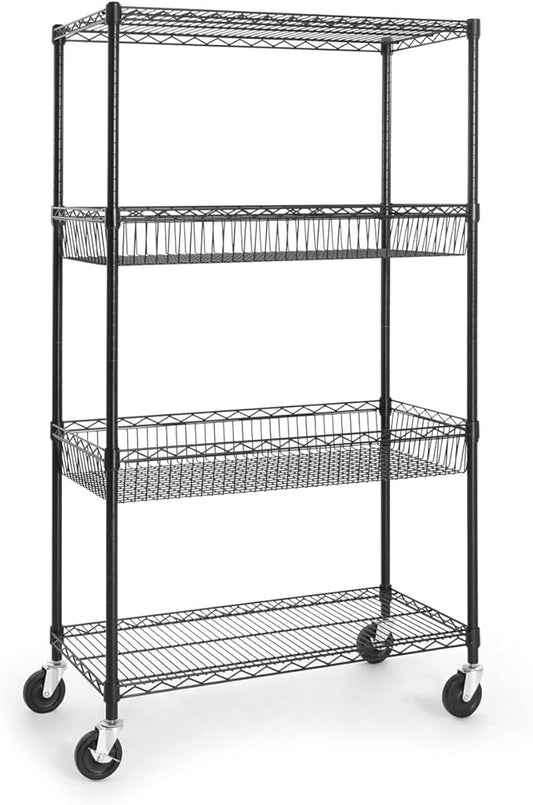 CAPHAUS NSF Commercial Heavy Duty 4 Tier Wire Shelving w/Two Rectangle Baskets, Wheels, Leveling Feet, Storage Metal Shelf, Basement Garage Shelving, Utility Wire Rack Storage Black-NeatNest