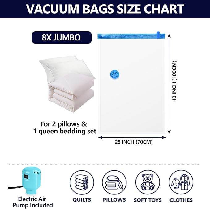 Vacuum Storage Bags for Blankets and Comforters 8 Jumbo Vacuum Seal Bags for Clothing Blankets Bedding with Electric Pump Compression Bag for Travel Luggage Jumbo Space Saver Storage Bag-NeatNest