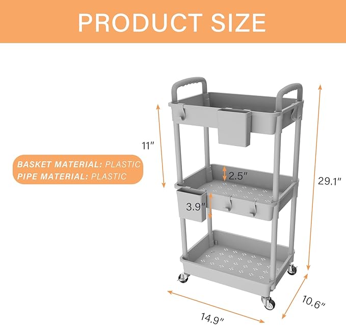 3 Tier Rolling Utility Cart with Handle,REBECAT Utility Cart Made of Multifunctional Storage Organizer Tool for Kitchen,Bathroom,Living Room,Office(Gray)-NeatNest