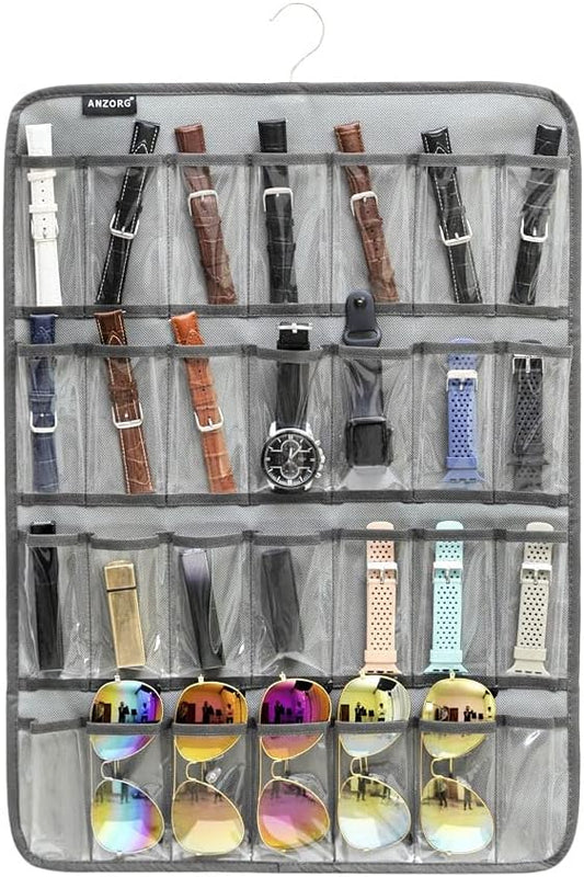 Hanging Watch Band Organizer Watch Bands Straps Accessories Holder Watches Storage Display Case with 28 Clear Pockets (GREY)-NeatNest
