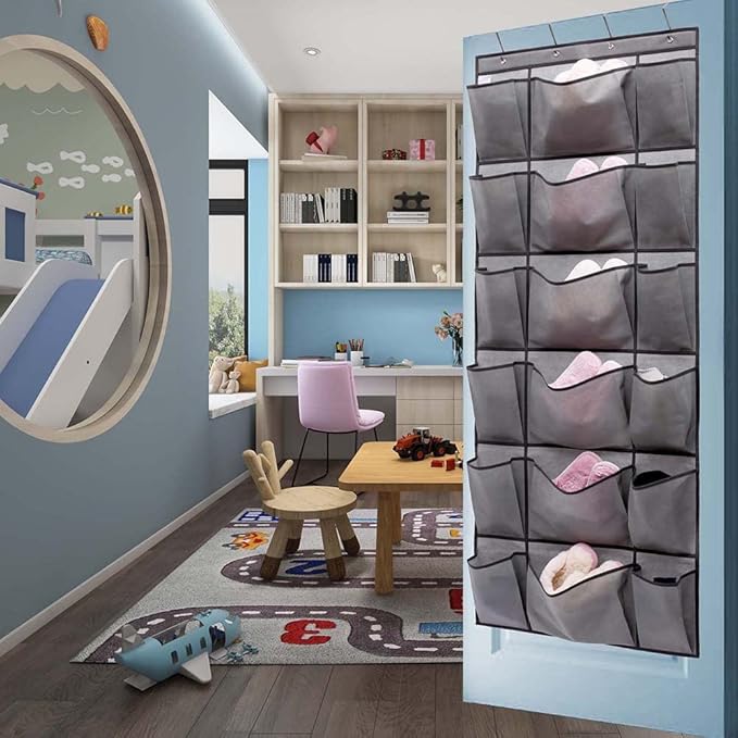 Over The Door Hanging Shoe Rack Organizer with 6 Extra Large and 12 Large Fabric Pockets Shoe Holder for Home Storage (GREY)-NeatNest