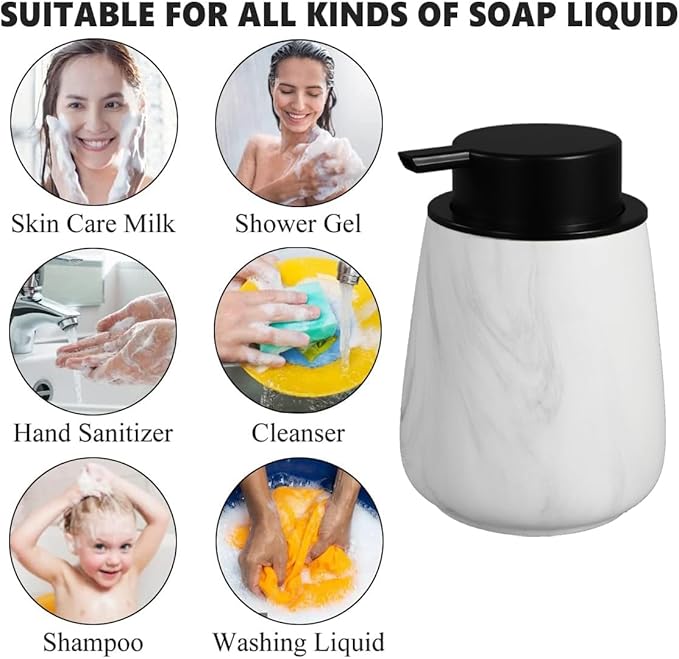 12Oz Ceramic Liquid Soap Dispenser - Modern Lotion Hand Soap Dispenser with Easy-to-Press Black Pump, Reusable and Refillable Dish Soap Dispensers for Bathroom & Kitchen, Marble White-NeatNest