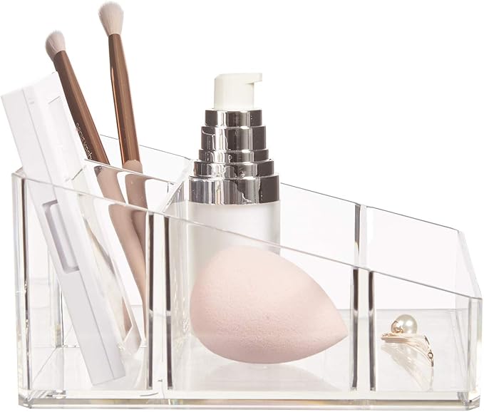 STORi Clear Plastic Small Countertop Vanity Makeup Organizer, Compact Rectangular 4-Compartment Holder for Brushes, Eyeshadow Palettes, & Beauty Supplies, Made in USA-NeatNest