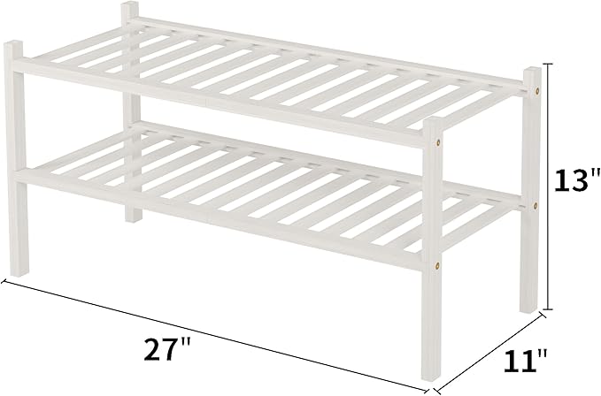 2 Tier Bamboo Shoe Rack for Closet Free Standing Wood Shoe Shelf for Entryway Small Space Stackable 27"x11"x13" (White)-NeatNest