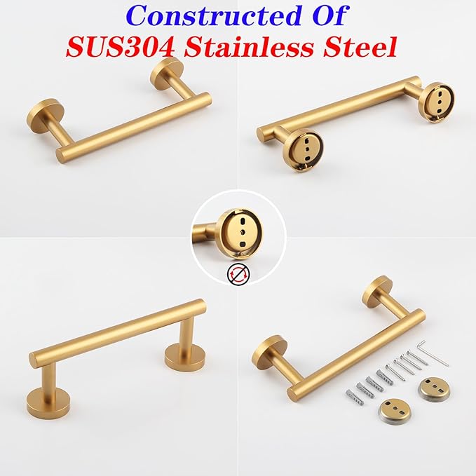 GERZWY 9-Inch Bathroom Towel Bar Gold Stainless Steel Bath Hand Towel Holder Modern Round Style Wall Mount AG1101C23-BE
