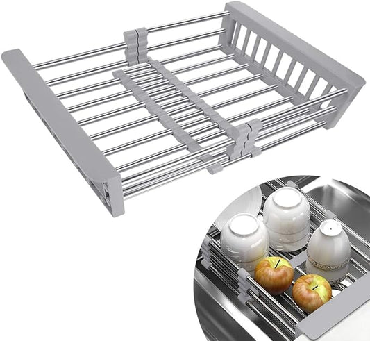 LUEXBOX Expandable Dish Drying Rack Over The Sink, Stainless Steel Drainer Basket with Adjustable Arms for Vegetable and Fruit (Grey)