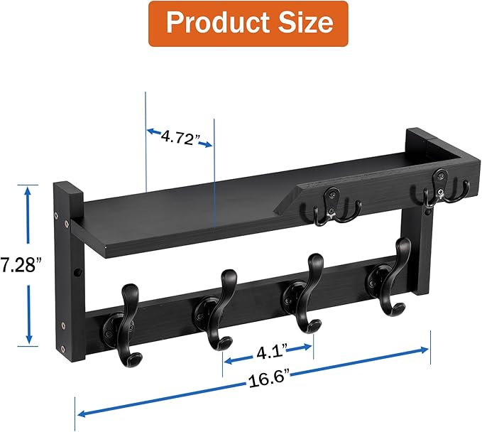 Coat Rack Wall Mount with Shelf, Coat Hanger Wall Mount with Key Hooks and Mail Holder, Wood Entryway Floating Shelf with Hooks and Storage, Hat Rack for Wall Key Holder Mail Organizer-NeatNest