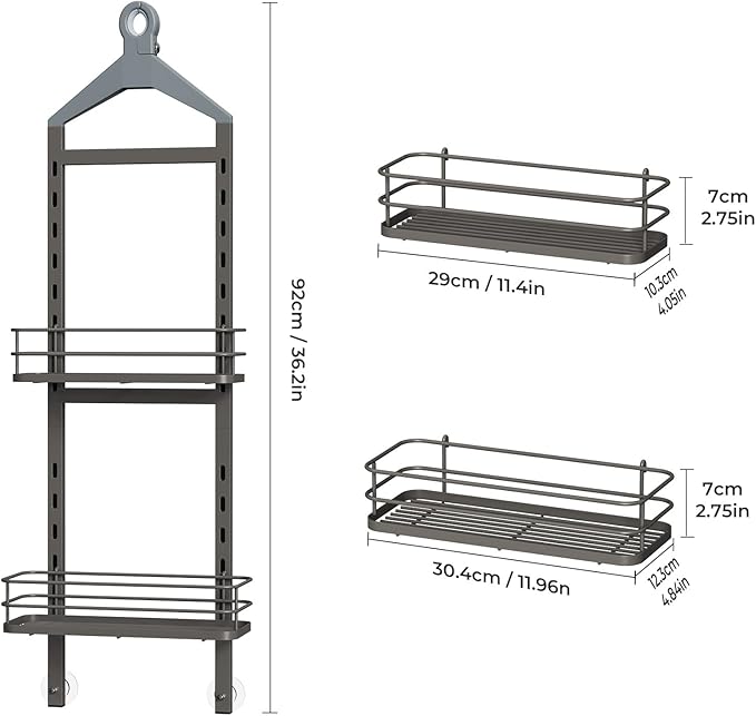 ODesign 2 Tier Height-Adjustable Shower Caddy Hanging Anti-Swing-Over The Shower Head Caddy-Showe r Storage Organizer Bathroom Shelves Basket Caddies-Grey