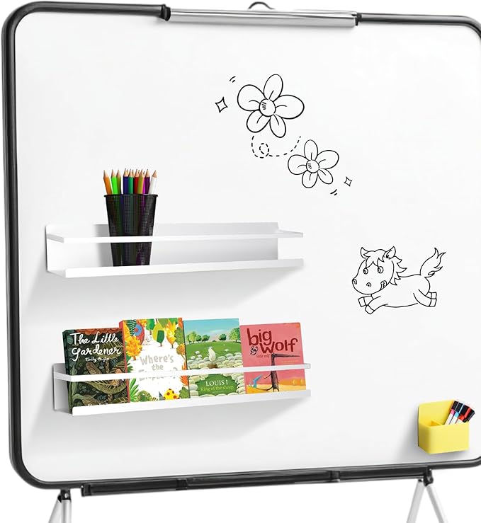 2 Pcs Magnetic Metal Book Shelves, 15.7'' x 2.7'' x 2.7'', Special for Whiteboard, Classroom and Fridge Storage, Holds up to 12 lbs