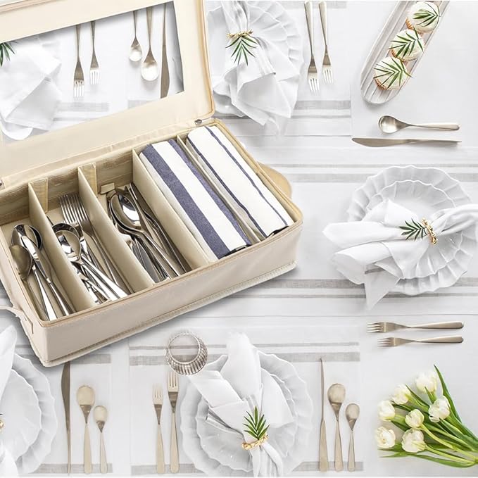 Flatware Utensil Storage Case, Beige Silverware Storage Box Chest with Adjustable Dividers, Removable Cutlery Storage Holder with Zipper Lid for Organizing Spoon/Flatware/Knives-NeatNest