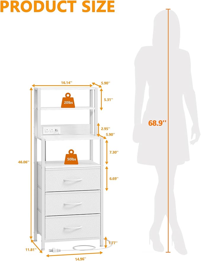 Furnulem Night Stand, Bedside Nightstand with 4-Tier Shelves and 3 Fabric Drawers, LED Bed Side Tables with Charging Station, Tall Bedside Table for Bedroom, Hallway, Office,White