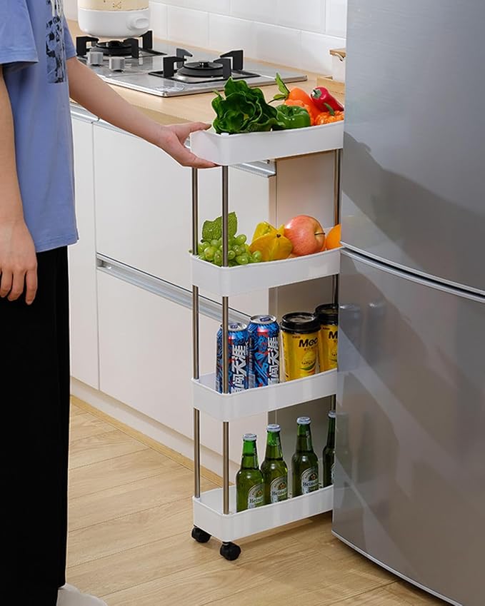 3-Tire Slim Storage Cart with 4 Hooks, Multi-Functional Narrow Rolling Kitchen Shelving Unit for Kitchen, Bathroom, Laundry Room, Office, White