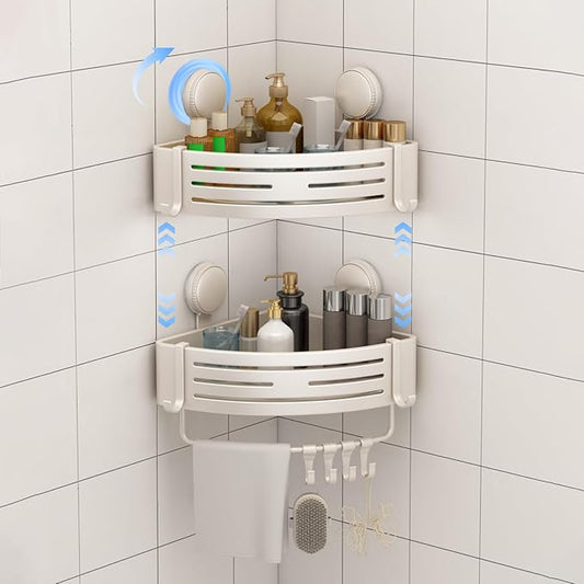 Shower Caddy Corner,Wall Hanging Shower Shelves, Removable Suction Cup Shower Caddy with Hooks and Towel Bar,No Drilling Rust Proof Aluminum Shower Shelf for Toilet and Kitchen(2-Pack,White)
