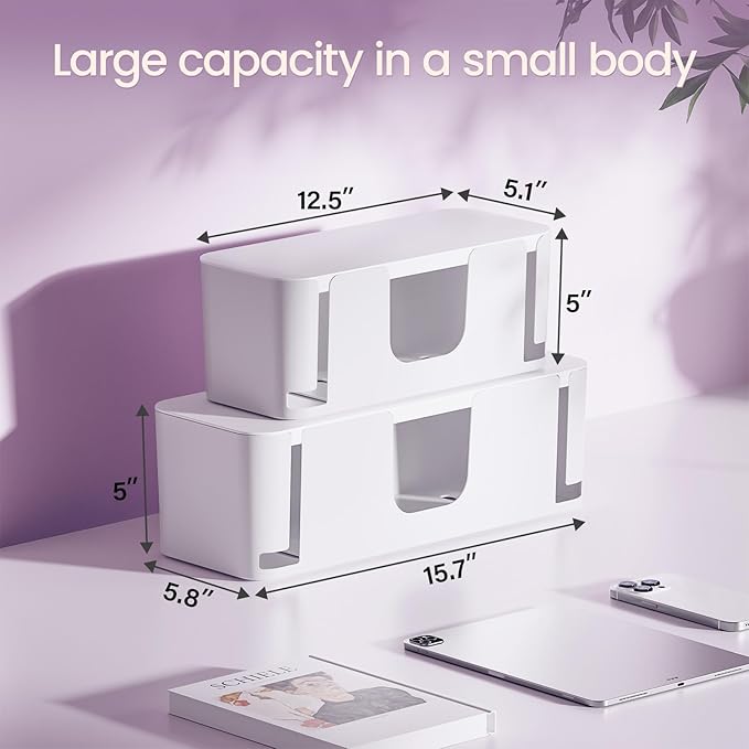 Delamu 2 Pack Cable Management Box, Stylish Cable Box with Cord Organizer for Desk, Pet & Child-Proof Cord Hider and Power Strip Protector, Ideal for Home & Office, Durable Cable Organizer Box