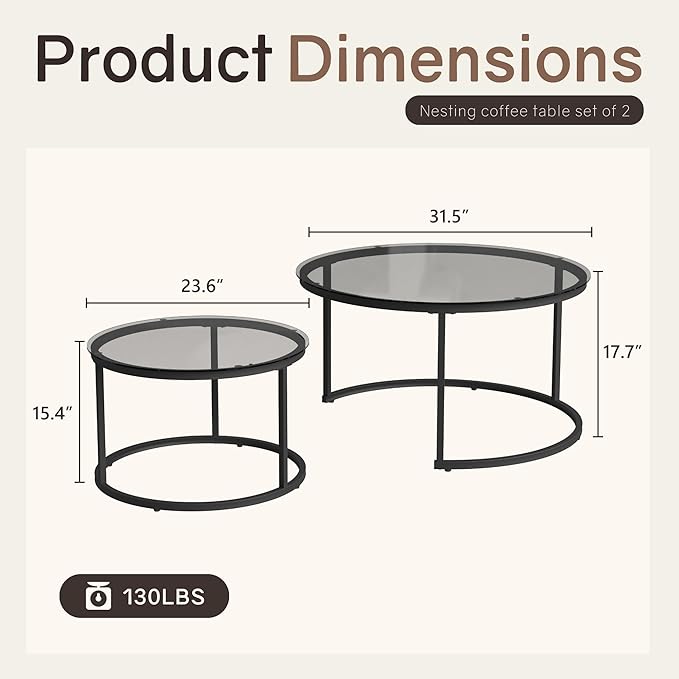 31.5" Nesting Coffee Table Set of 2, Round Nesting Coffee Tables with Tempered Glass Top, End Tables with Metal Frame for Living Room, Bedroom, Grey Transparent Glass