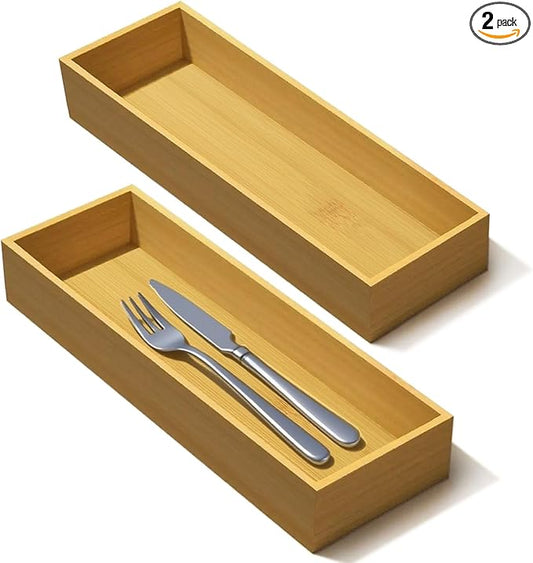 Bamboo Drawer Silverware Organizer, Utensil Organizer, Bamboo Storage Box Wood Silverware Tray for Drawer Set of 2-NeatNest