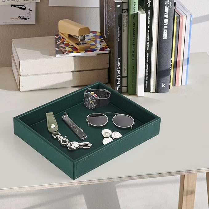 HofferRuffer Faux Leather Decorative Tray, Elegant Desktop Storage Organizer, Decorative Catchall Perfume Tray, Nightstand or Dresser Vanity Tray Organizer, 10.2 x 8.4 x 1.8 inches (Dark Green)-NeatNest