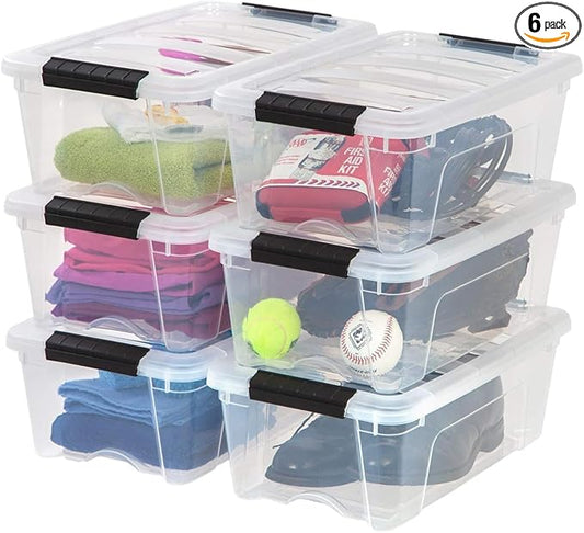 IRIS USA 13 Qt Stackable Plastic Storage Bins with Lids, 6 Pack - BPA-Free, Made in USA - See-Through Organizing Solution, Latches, Durable Nestable Containers, Secure Pull Handle - Clear