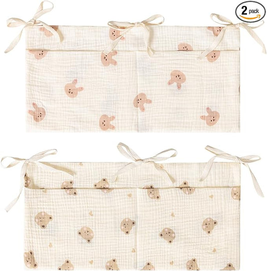 Hanging Storage Bags for Crib, 2-Pack Diaper Bag Organizers Crib Baby Nappy Bags Cribs Accessories for Bed Playpen, Bunk Organizing Bag Muslin Bedside Pockets for Milk Bottle/Toy/Diaper (Bear & Bunny)-NeatNest