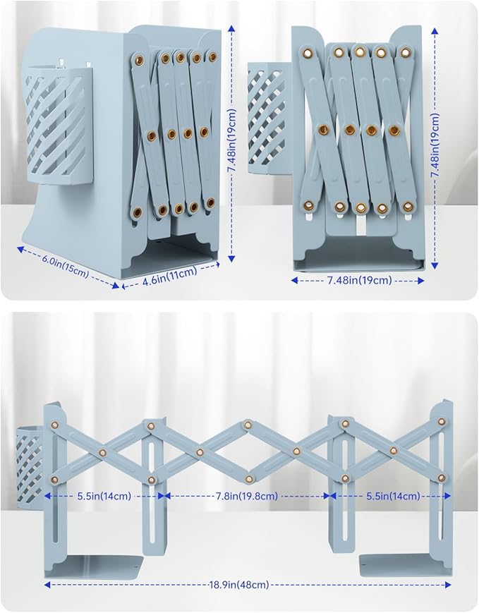 Honagu Adjustable Bookends, Metal Book Ends for Shelves Heavy Book, Desk Magazine File Organizer for Home, Office, Books, Papers, Extends up to 19 inches with Pen Holder (Light Blue)