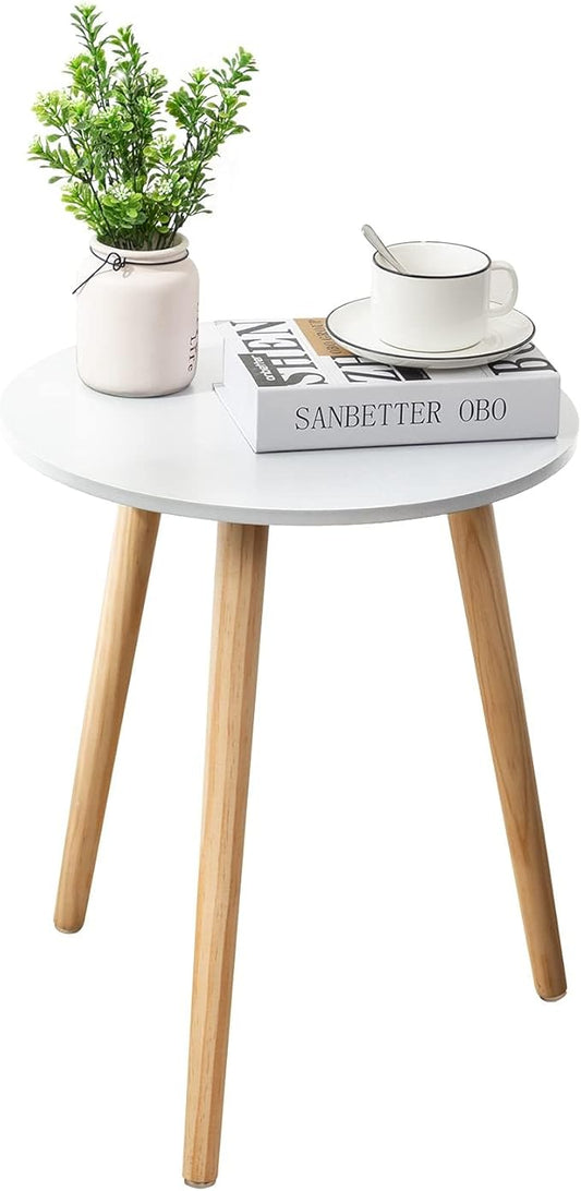 Apicizon Round Side Table, White Bedside Table Coffee End Table for Bedroom, Living Room, Small Spaces, Easy Assembly Nightstands with Natural Wood Legs, 16.5 x 20.5 Inches-NeatNest