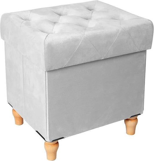 CAROLMADE Folding Storage Ottoman Cube Velvet Footstool with Wood Legs Ottoman Footrest for Living Room and Bedroom, Grey 15"x12.6"x15.4”-NeatNest
