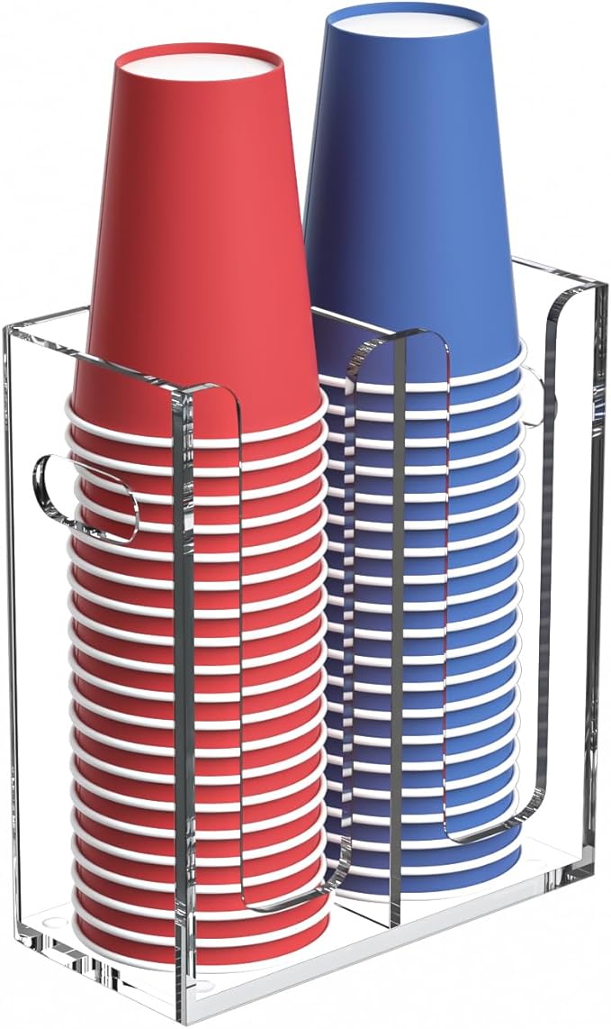 Disposable Coffee Cup Dispenser with Handles, Countertop or Wall Mount Hot/Cold Drink Cup and Lid Holder - Bathroom/Kitchen/Office Acrylic Cup Lid Storage Organizer (2 Compartments, Clear)-NeatNest