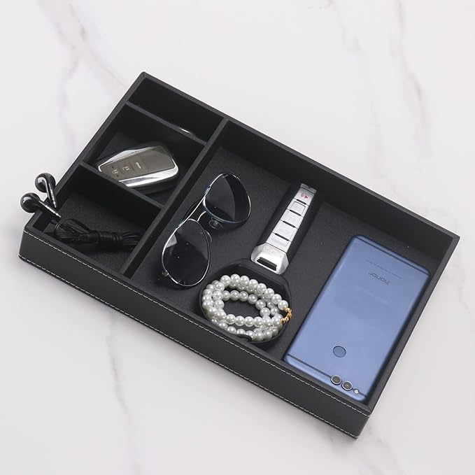 Guestroom Decoration Tray, Nightstand or Dresser Organizer, Valet Tray, 4 Compartment PU Leather Drawer Storage Organizer-NeatNest