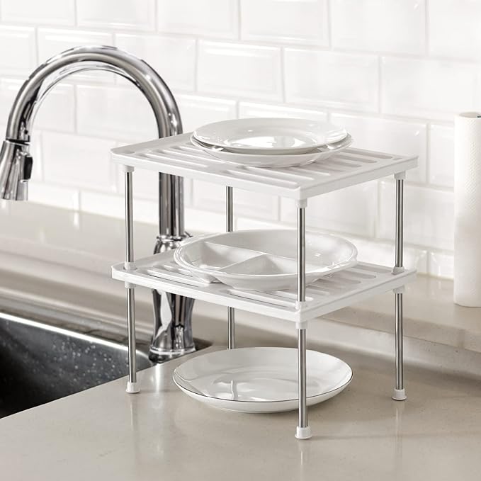 carrotez Kitchen Cabinet Organizer, Cabinet Shelves and Storage, Pantry Storage Shelf Organizer, Kitchen Counter Shelf, Cupboard, Under Sink, Stackable, Expandable, Set of 2, White-NeatNest