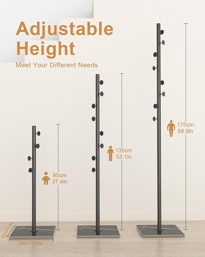 Coat Rack Freestanding, Small Standing Coat Tree with Heavy Rock Slab Base, Modern Metal Coat Hanger Stand with 8 Hooks, Garment Rack, 11.8 x 11.8 x 68.9 In, Black, GYJ002B-NeatNest