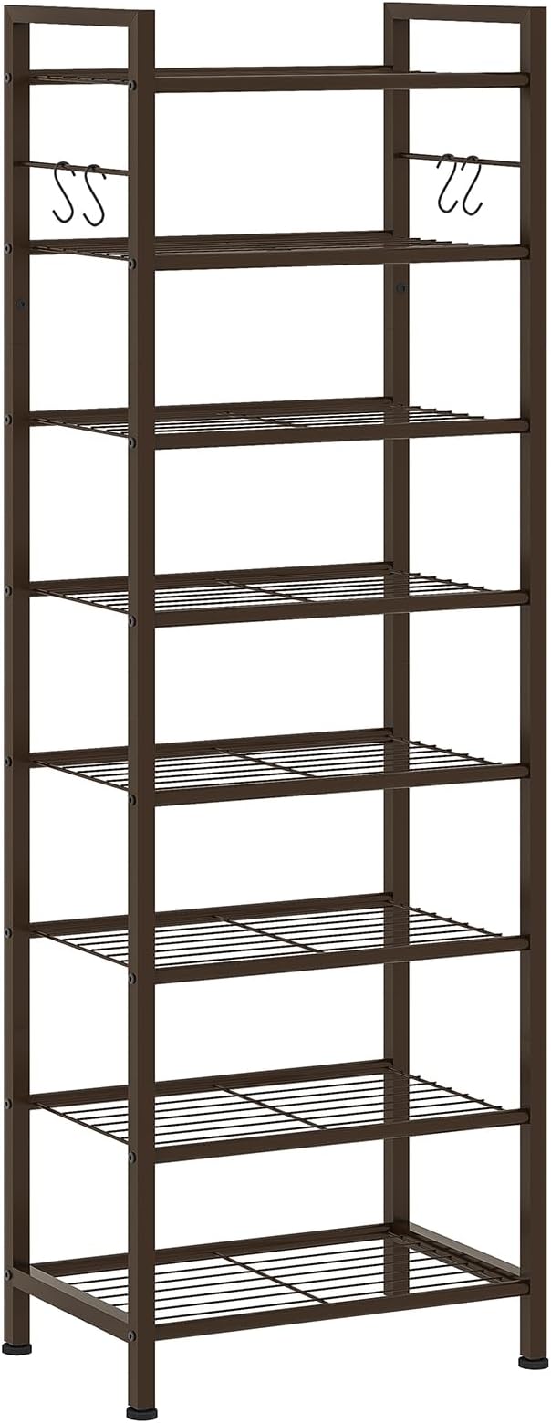 usikey 8 Tiers Narrow Shoe Rack 16-24 Pairs, Sturdy Metal Tall Shoe Rack with 4 Hooks, Slim Shoe Storage Organizer with Metal Shelf, Space Saving Vertical Shoe Shelf for Entryway, Closets, Bronze-NeatNest