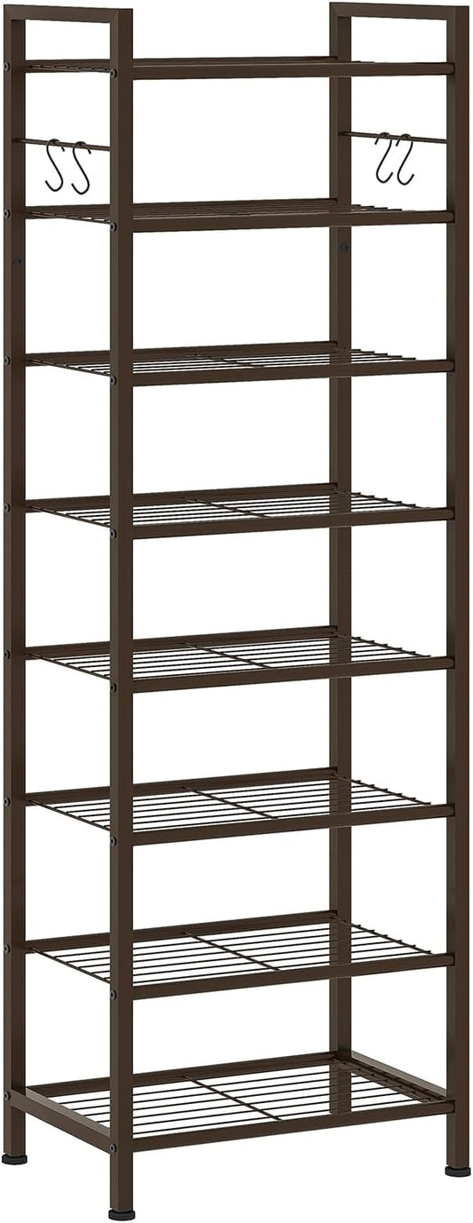 usikey 8 Tiers Narrow Shoe Rack 16-24 Pairs, Sturdy Metal Tall Shoe Rack with 4 Hooks, Slim Shoe Storage Organizer with Metal Shelf, Space Saving Vertical Shoe Shelf for Entryway, Closets, Bronze-NeatNest