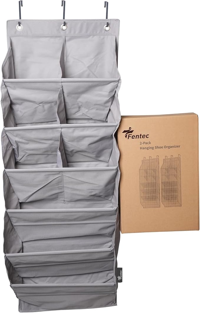 FENTEC 2 Pack Over the Door Shoe Organizer, Hanging Shoe Organizer, 6-Tier Large Deep Pockets Door Shoe Rack with 3 Hooks Shoe Organizer for Shoes, Sneakers, and Home Accessories, Grey-NeatNest