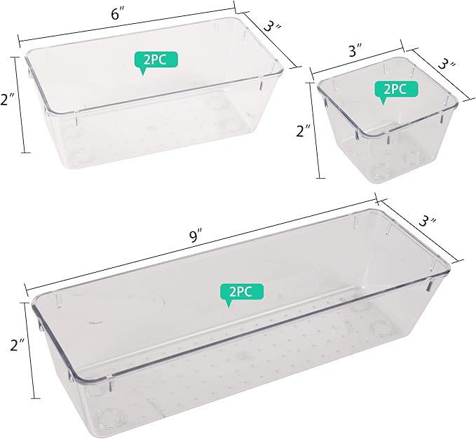6 Pack Clear Drawer Organizer Set,Desk Drawer Storage Tray,Vanity Organizer Storage Bins Containers-NeatNest