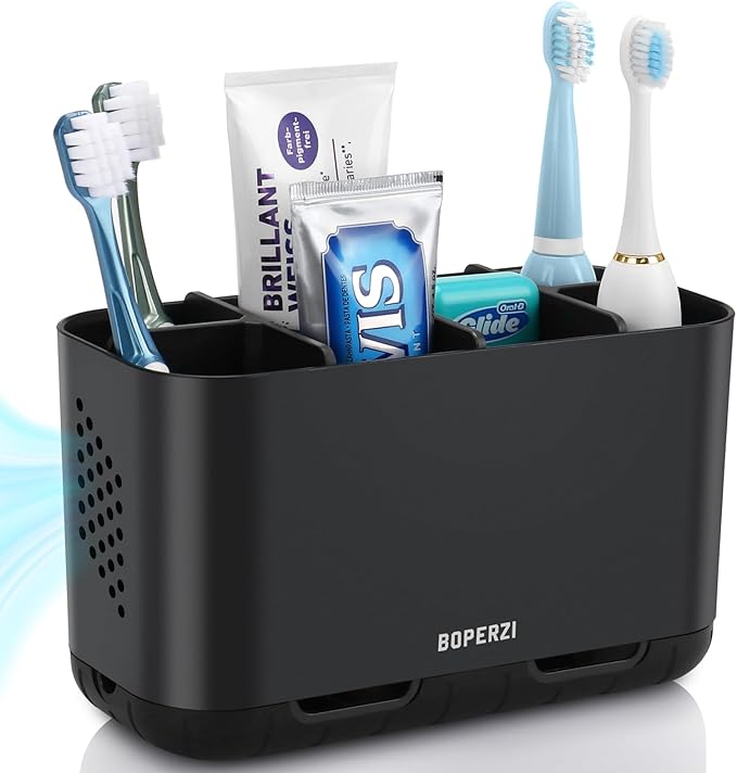 Boperzi Toothbrush Holders for Bathrooms Organizers and Storage, Large Tooth Brush Holders with Drainage, Anti-Slip Electric Toothbrush and Toothpaste Holders Caddy for Shower Kids Family, Black-NeatNest