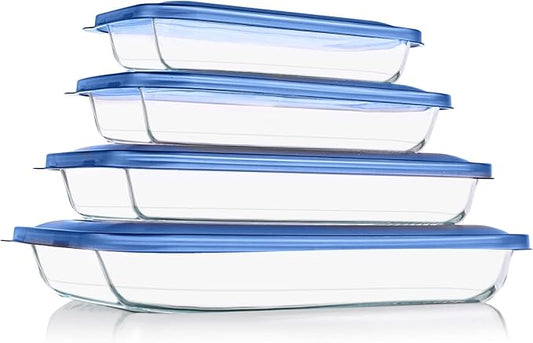 8 Pieces Glass Baking Dish with Lids Rectangular Glass Baking Pan Bakeware Set with BPA Free Lids, Baking Pans for Lasagna, Leftovers, Cooking, Kitchen, Fridge-to-Oven,Blue
