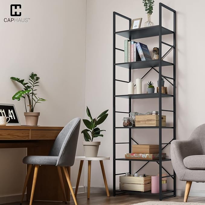 CAPHAUS 6 Tier Bookshelf, 24 Inch Width Free Standing Shelf, Bookcase Shelf Storage Organizer, Industrial Book Shelves for Home Office, Living Room, Kitchen, Black Shelves & Metal Frame-NeatNest