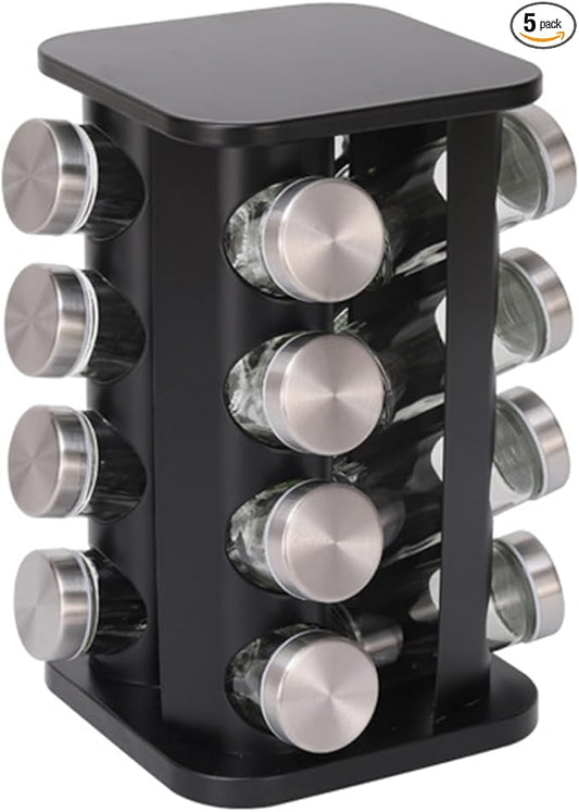 Spice rack-Revolving Spice Rack Set, Kitchen Spice Tower Organizer for Countertop or Cabinet -Desktop Rotating Seasoning Organizer(Stainless Steel) (Black, SquareHead_16Jars)