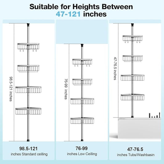 Corner Shower Caddy Tension Pole: Stainless Steel Rustproof 4-Tier Shower Organizer - 47-121 inch Adjustable Bathroom Shelves for Bathtub Shampoo Storage - Tension Rod Floor Standing Bath Rack-NeatNest