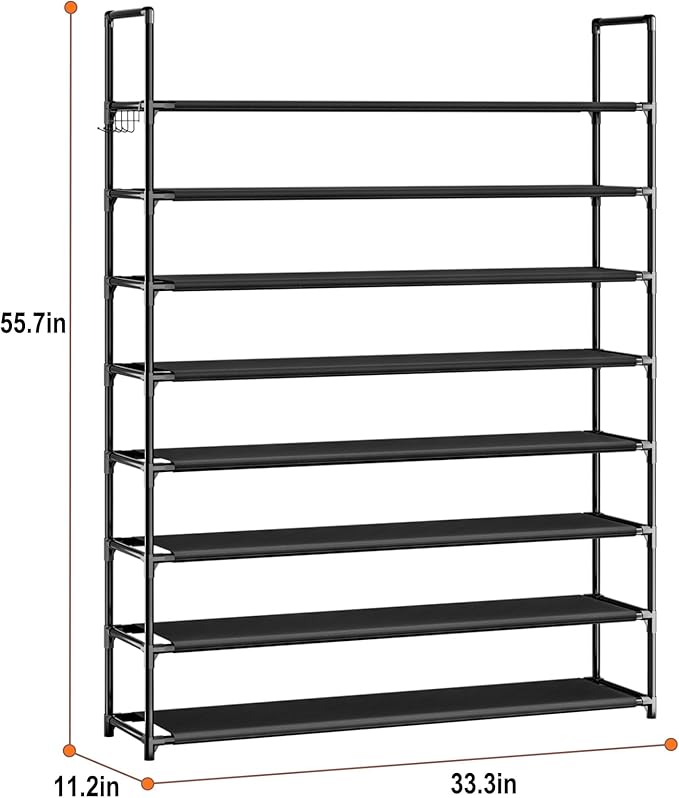 8 Tier Shoe Organizer, 33.3in Wide x 11.2in Deep x 55.7in Tall, Black Metal and Plastic Shoe Rack, Holds up to 32-40 Pairs of Shoes-NeatNest
