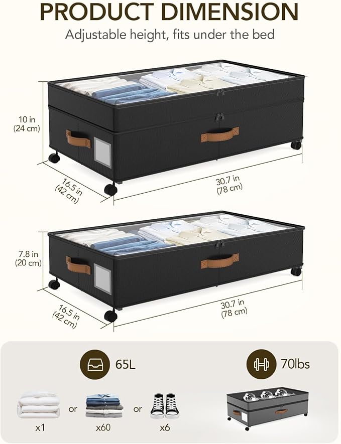 4 Pack Under Bed Storage with Wheels, Adjustable Height Storage Containers, 10 inches Large Capacity Rolling Underbed with Lids, Storage Drawers Shoes, Clothes, Blankets, Black-NeatNest