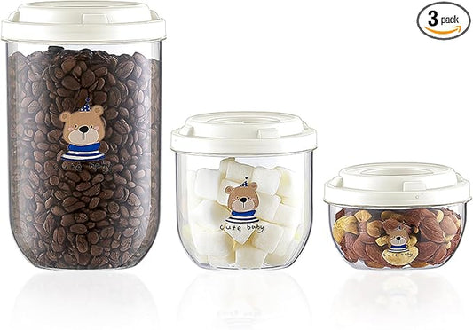 3 PCS Coffee Sugar Container Salts Jars, Transparent Cereal Containers Storage Set, Stackable BPA-Free Plastic Kitchen Pantry Organizer for Dry Food, Flour, Spice, Creamer