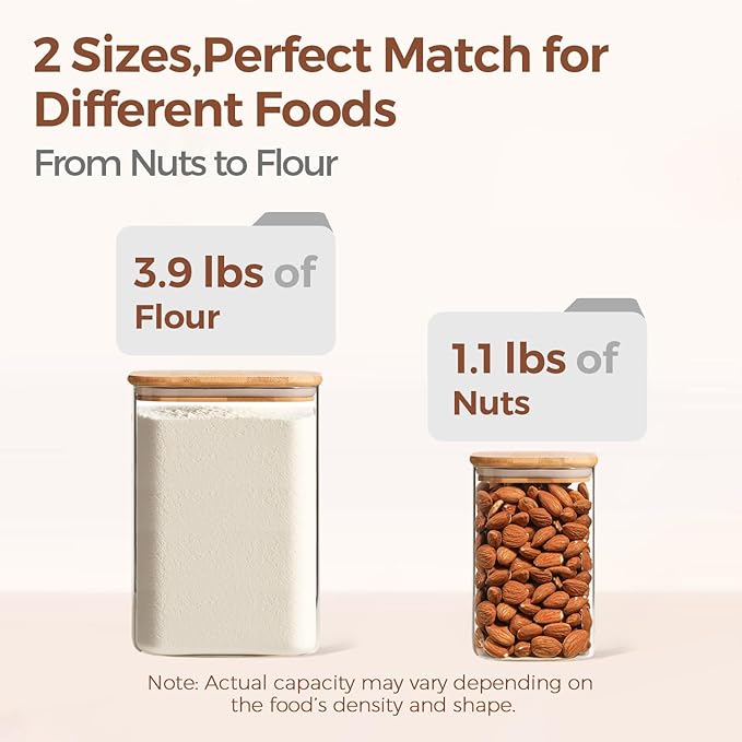 ComSaf Glass Food Storage Containers, 3.6Qt/1.2Qt Glass Flour and Sugar Containers with Airtight Lids, Large Square Jars with Bamboo Lids for Rice, Pasta, Oats, Grains, Cookies, Snacks, Candy-NeatNest